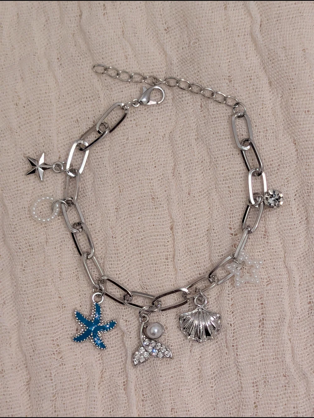 Silver Chain Charm Bracelet with Blue Starfish and Shell Charms - Picture 1 of 3